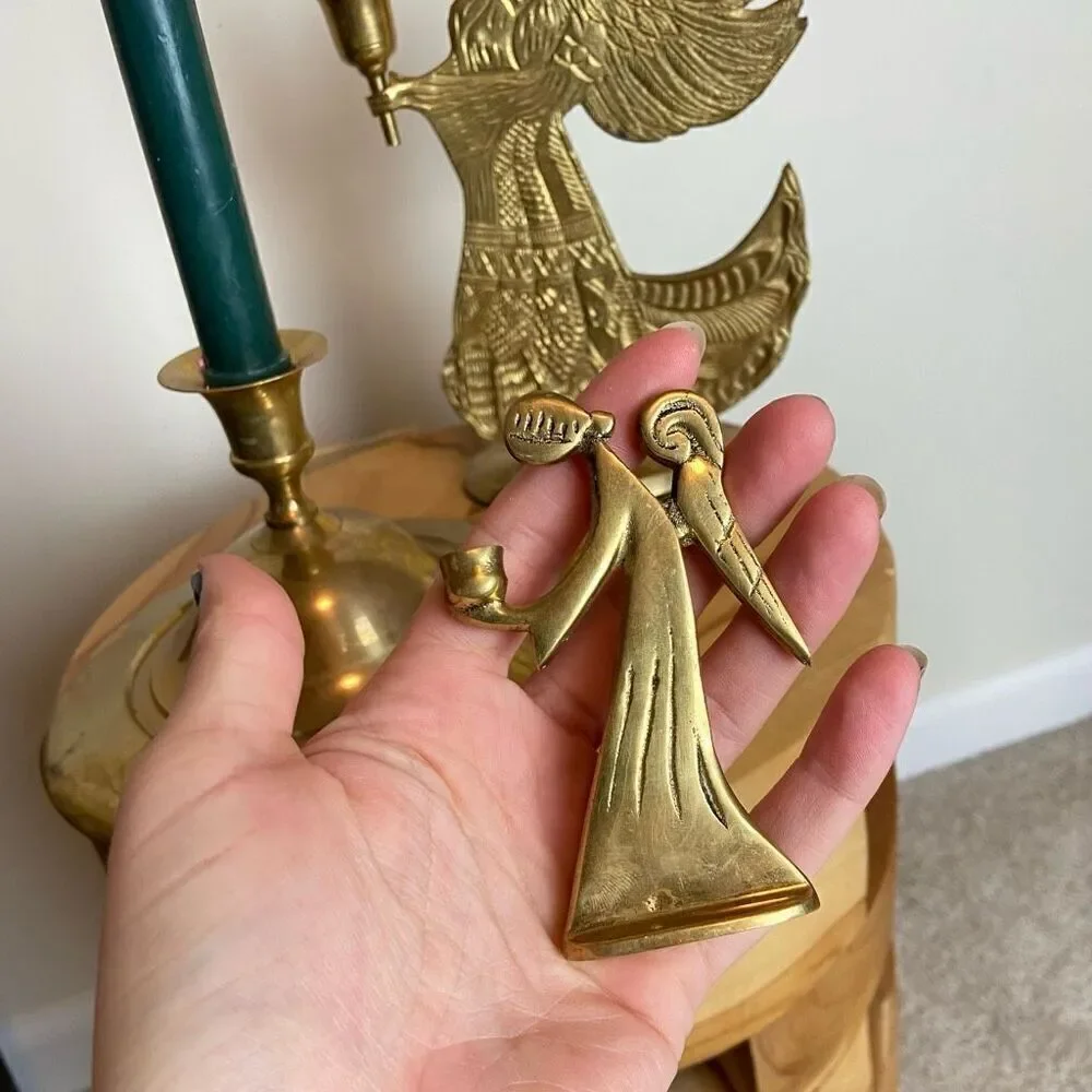 Three Vintage Solid Brass Decor Holiday Christmas Angel Taper Candle Holders